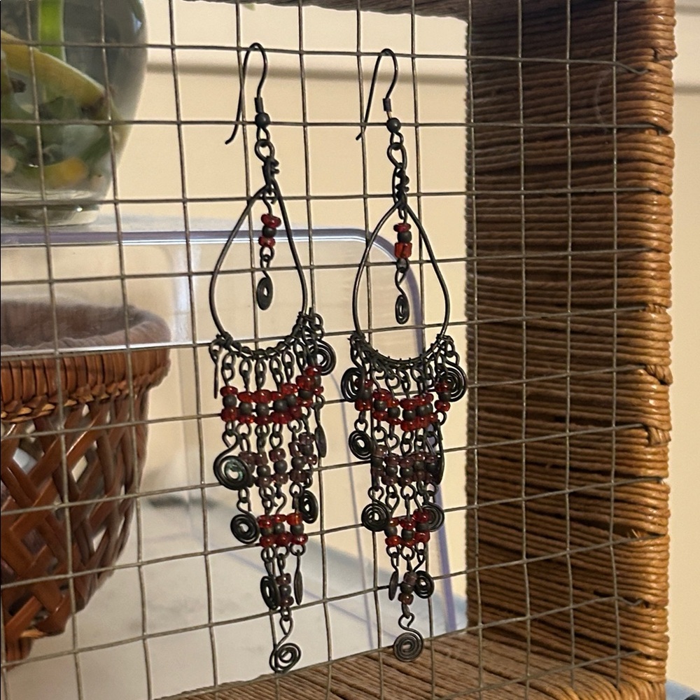 Boho Chandelier Drop Fringe Earrings - Gunmetal Tone Red and Purple Beaded